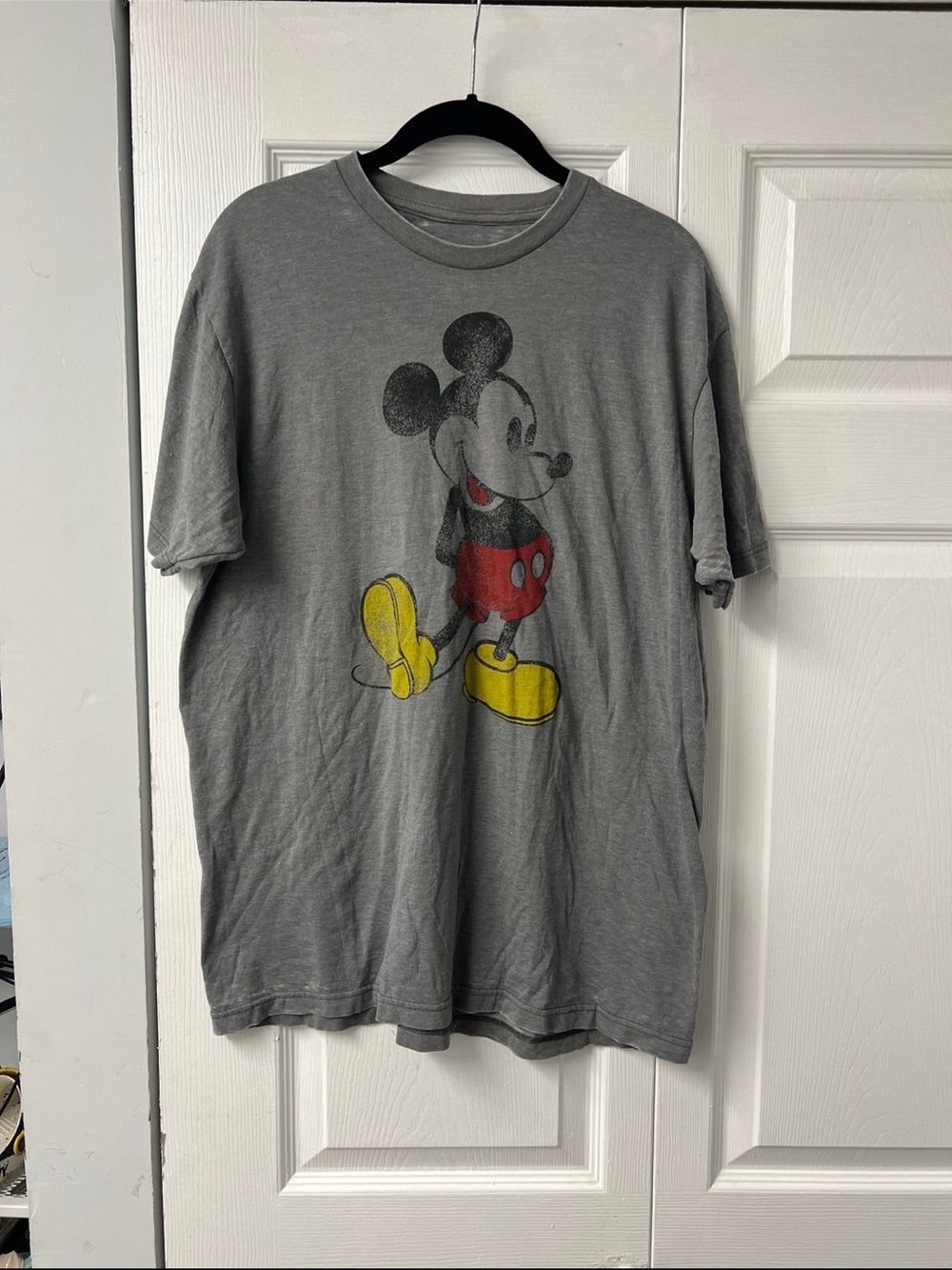 Disney Gray Mickey Mouse Tee with Red Shorts and Yellow Shoes